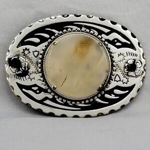 Western Belt Buckle Oval Scything Agate Stone Silver Tone Cowboy USA Made